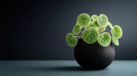 A stunning indoor plant positioned in a sleek black pot with vibrant green leaves, providing a touch of elegance and freshness to modern home decor against a dark backdrop.の素材
