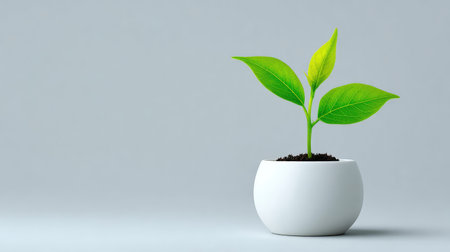 A young green plant in a sleek white pot emphasizes concepts of growth and nature. Ideal for themes of sustainability, wellness, and tranquility in design.の素材