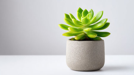 A beautiful green succulent plant in a minimalist gray pot, ideal for enhancing indoor spaces with a touch of nature and tranquility, promoting well-being and modern design.の素材