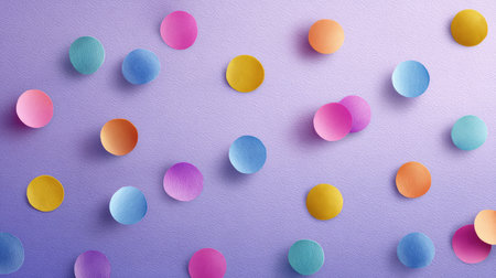 A vibrant display of colorful paper confetti circles scattered on a soft purple background, perfect for adding a playful touch to any celebration or creative design project.の素材