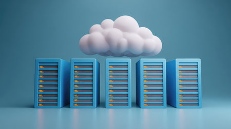 Visual representation of cloud computing technology with storage servers and a cloud, emphasizing efficiency, security, and modern data management solutions for businesses.の素材