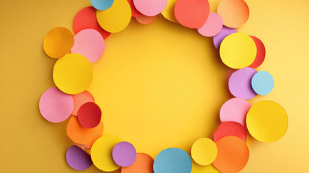 A vibrant display of colorful paper cutouts arranged in a circular pattern on a bright yellow background, perfect for creative projects and joyful occasions.の素材