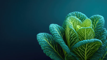 Captivating image of fresh green cabbage leaves highlighting their intricate textures and vibrant color against a soft gradient background, ideal for food and health-related themes.の素材