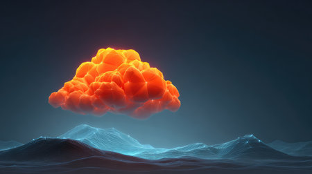 Stunning abstract image showcasing a vibrant orange cloud floating over stylized ocean waves, blending natural and digital elements in a captivating visual.の素材