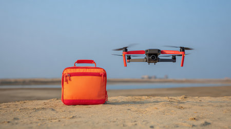 A striking orange drone hovers above a bright orange carrying case on the sandy beach, embodying the blend of technology and nature in a serene outdoor setting.の素材
