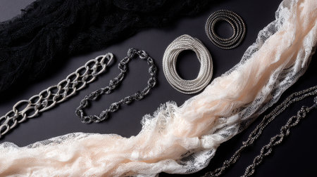Explore a visually rich collection of fabrics and chains arranged artistically, ideal for fashion inspiration or creative projects, showcasing textures and design versatility.の素材