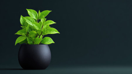 A stunning display of vibrant green leaves in a sleek black pot against a dark backdrop, perfect for enhancing modern interior design and promoting a calming atmosphere.の素材