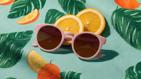 A trendy pair of pink sunglasses lies on a vibrant tropical cloth adorned with citrus fruits, perfect for capturing summer vibes and fashion aesthetics in lifestyle photography.の素材