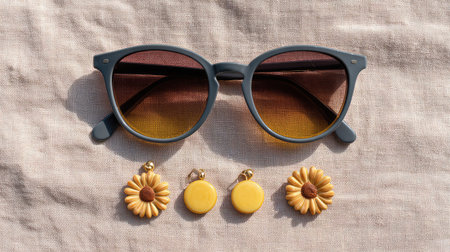 A fashionable arrangement featuring stylish sunglasses and colorful floral accessories on a textured fabric surface, perfect for summer vibes and vibrant fashion inspiration.の素材