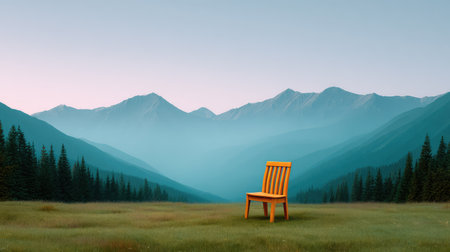 A colorful wooden chair sits alone in a breathtaking mountain landscape, inviting viewers to experience peace and serenity in natureの素材