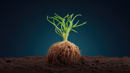 A vibrant green plant emerges from rich dark soil, showcasing its delicate roots and lively leaves against a blue background, emphasizing the beauty of nature's growth and renewal.の素材