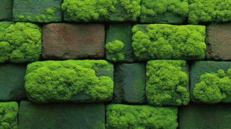 A captivating image of vibrant green moss covering weathered stone bricks, ideal for themes of nature, tranquility, and rustic decor, perfect for design and landscaping projects.の素材