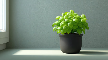A vibrant basil plant in a sleek pot offers a fresh touch to any indoor space, highlighting the beauty of nature and the serenity of home gardening for a stylish decor element.の素材