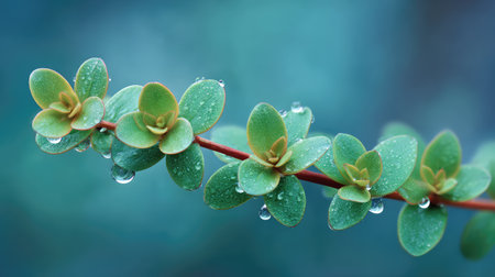 A stunning close-up of vibrant green leaves with delicate water droplets on a branch, set against a softly blurred background, ideal for nature-inspired designs and themes.の素材