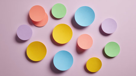 A visually appealing arrangement of colorful paper circles and sticky notes on a soft pink background, perfect for creative endeavors and artistic inspiration.の素材