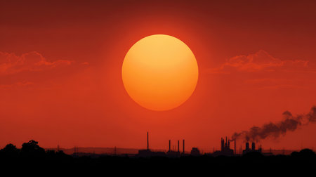 A breathtaking sunset illuminates the horizon, casting a vibrant red glow over silhouetted factories, showcasing the stark contrast between beauty and industry.の素材