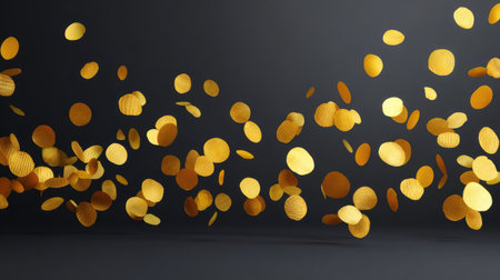 Vibrant golden confetti pieces float gracefully through the air, creating a joyful and celebratory atmosphere perfect for events, parties, or festive occasions.の素材