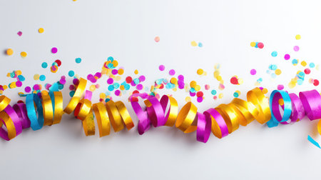 Bright and cheerful decorative streamers intertwined with colorful confetti create a lively atmosphere, ideal for parties, celebrations, and joyful occasions on a clean backdrop.の素材