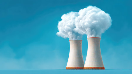 Two prominent cooling towers are releasing steam into the clear sky, highlighting the intersection of industrial engineering and environmental concerns within energy production.の素材