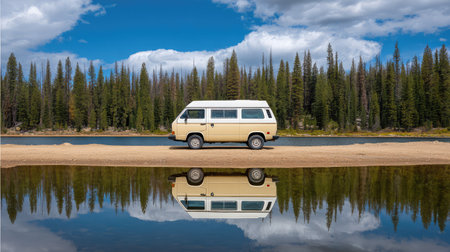 A vintage camper van parked by a serene lake showcases nature's beauty with reflections of trees and sky, offering a relaxing atmosphere for adventure seekers and outdoor lovers.の素材