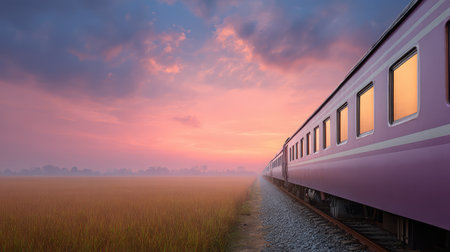 A picturesque view of a train at sunset, framed by golden fields and colorful clouds, ideal for inspiring travel dreams and showcasing serene moments in nature.の素材
