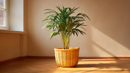 A beautiful green plant sits in a woven rattan basket, enhancing a minimalist interior. Sunlight streams through a window, creating warm shadows on the wooden floor.の素材