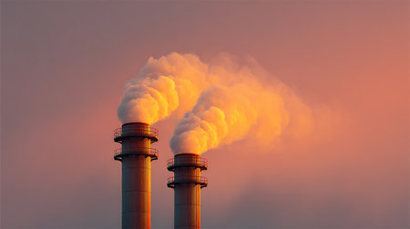 Smokestacks release thick steam into the orange sky, illustrating the challenges of pollution and the effects of industrial emissions on the environment and air quality.の素材