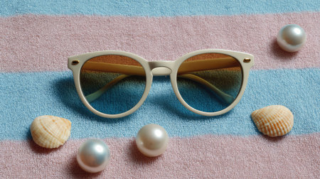 A chic pair of sunglasses rests on a pastel-striped beach towel, accompanied by seashells and pearls, embodying a vibrant summer vibe perfect for vacation planning and beach fashion.の素材