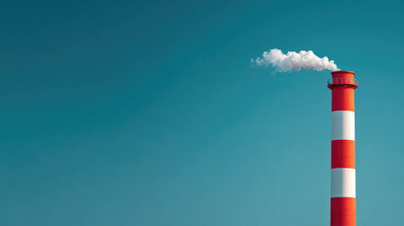 A striking image of a tall red and white striped chimney emitting white smoke against a vibrant blue sky, illustrating themes of industrialization and environmental concerns.の素材