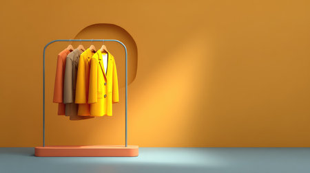 A striking arrangement of fashionable coats hangs on a sleek rack, set against a bold orange wall. The modern design creates a stylish and inviting atmosphere for fashion enthusiasts.の素材