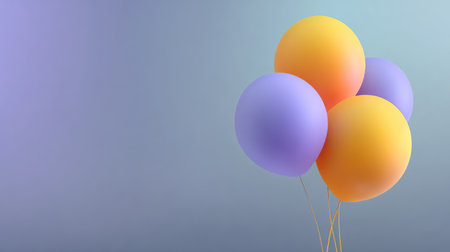 A collection of colorful balloons in soft hues of orange and purple gracefully floats against a smooth gradient, creating a cheerful ambiance ideal for celebrations and events.の素材