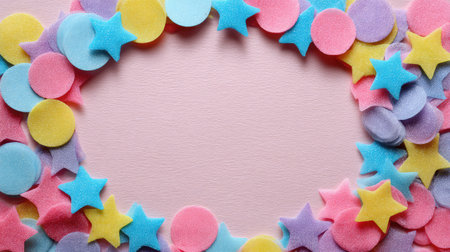 A vibrant assortment of foam shapes in pastel colors arranged in a playful frame, perfect for various creative projects, arts, and crafts. Ideal for children and DIY enthusiasts.の素材