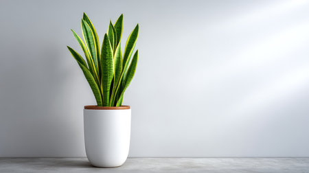 Brighten your space with a snake plant that offers a pop of greenery against a serene backdrop, ideal for enhancing any modern interior with a touch of nature.の素材