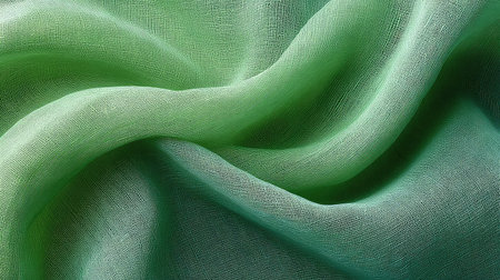 Captivating green fabric with soft waves creates a soothing visual effect, perfect for fashion design, textile backgrounds, and artistic presentations showcasing delicate textures.の素材