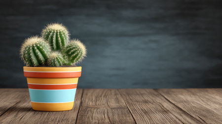 A charming potted cactus sits on a rustic wooden table with a dark background, showcasing its unique texture and vibrant pot colors, ideal for home and nature themes.の素材