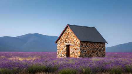 A charming stone house stands alone amidst lush lavender fields, presenting a picturesque scene of rural beauty, inviting a sense of peace and connection to nature.の素材