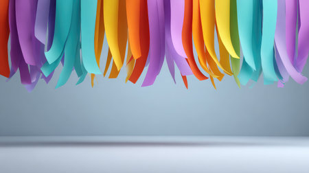 A striking arrangement of colorful paper ribbons creates a vibrant atmosphere, ideal for designs centered around parties, celebrations, or creative projects with a smooth gray backdrop.の素材