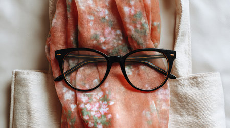 A refined composition featuring a pair of black eyeglasses on a floral scarf, enhancing the casual elegance of daily life with a minimalist canvas tote bag backdrop.の素材