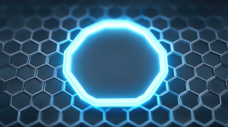 An octagonal shape glows with neon light set against a hexagonal background, ideal for tech and design themes, evoking a sense of modernity and creativity.の素材