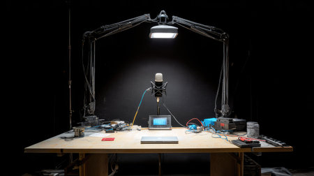 A modern recording studio setup showcasing a microphone and various electronic tools on a wooden table, illuminated against a dark background, ideal for audio production and creativity.の素材