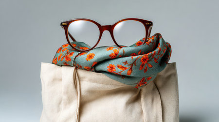 A fashionable bag topped with elegant glasses and a beautiful scarf, perfect for showcasing personal style in everyday settings. Ideal for fashion enthusiasts and casual outings.の素材