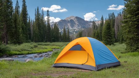 A colorful camping tent nestled among vibrant greenery near a flowing stream, surrounded by stunning mountains and a clear blue sky. Perfect for outdoor enthusiasts.の素材