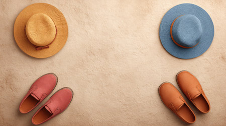 A visually appealing arrangement featuring stylish summer footwear and straw hats on a neutral background, ideal for seasonal marketing and fashion inspiration.の素材