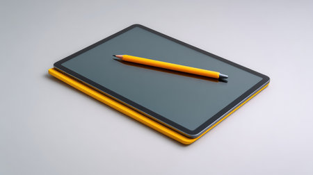 A stylish tablet lies on top of a vibrant notebook, accompanied by a yellow pencil, perfect for modern work environments and creative settings that inspire productivity.の素材