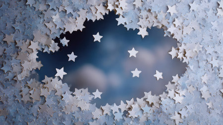 A unique composition showcasing a starry night frame made of paper stars against a soft, dreamy blue backdrop with delicate clouds, creating a magical and whimsical atmosphere.の素材