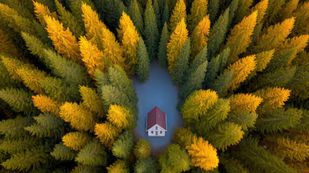 Discover a serene aerial view featuring a quaint cottage nestled among vibrant autumn trees, creating a perfect escape into nature's peaceful embrace.の素材