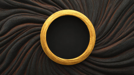 A stunning circular frame in gold rests amid flowing dark fabric waves, creating an elegant background. Ideal for various design projects and artistic displays.の素材