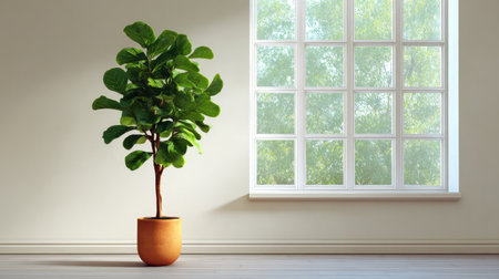 A vibrant indoor plant adds a refreshing touch to a spacious room, complemented by natural light streaming through the large window, creating a peaceful ambiance.の素材