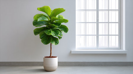 A vibrant fiddle leaf fig tree in a sleek pot adds life and elegance to a minimalist interior, complemented by the abundant natural light from a large window.の素材