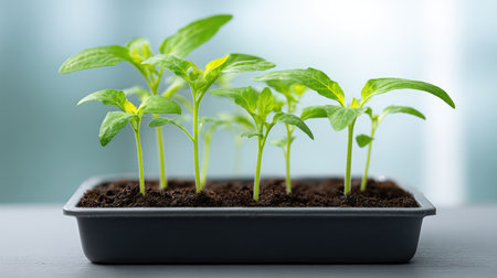 Seedlings thrive in a black tray filled with nutrient-rich soil, basking in soft natural light, symbolizing growth, nurturing, and the beauty of nature's cycle.の素材